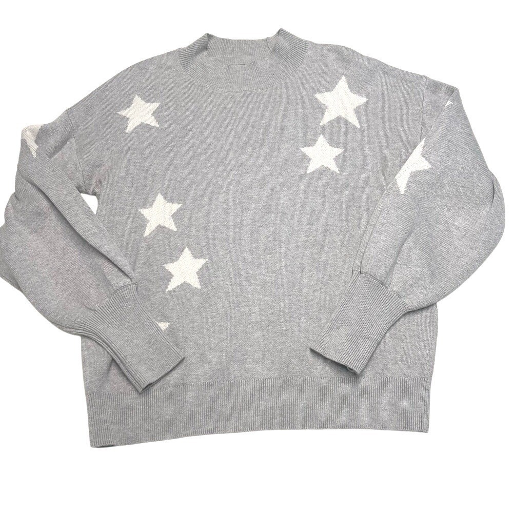 ANN TAYLOR Women's Sweater Gray Star Print Mock Neck  M cozy knit pullover